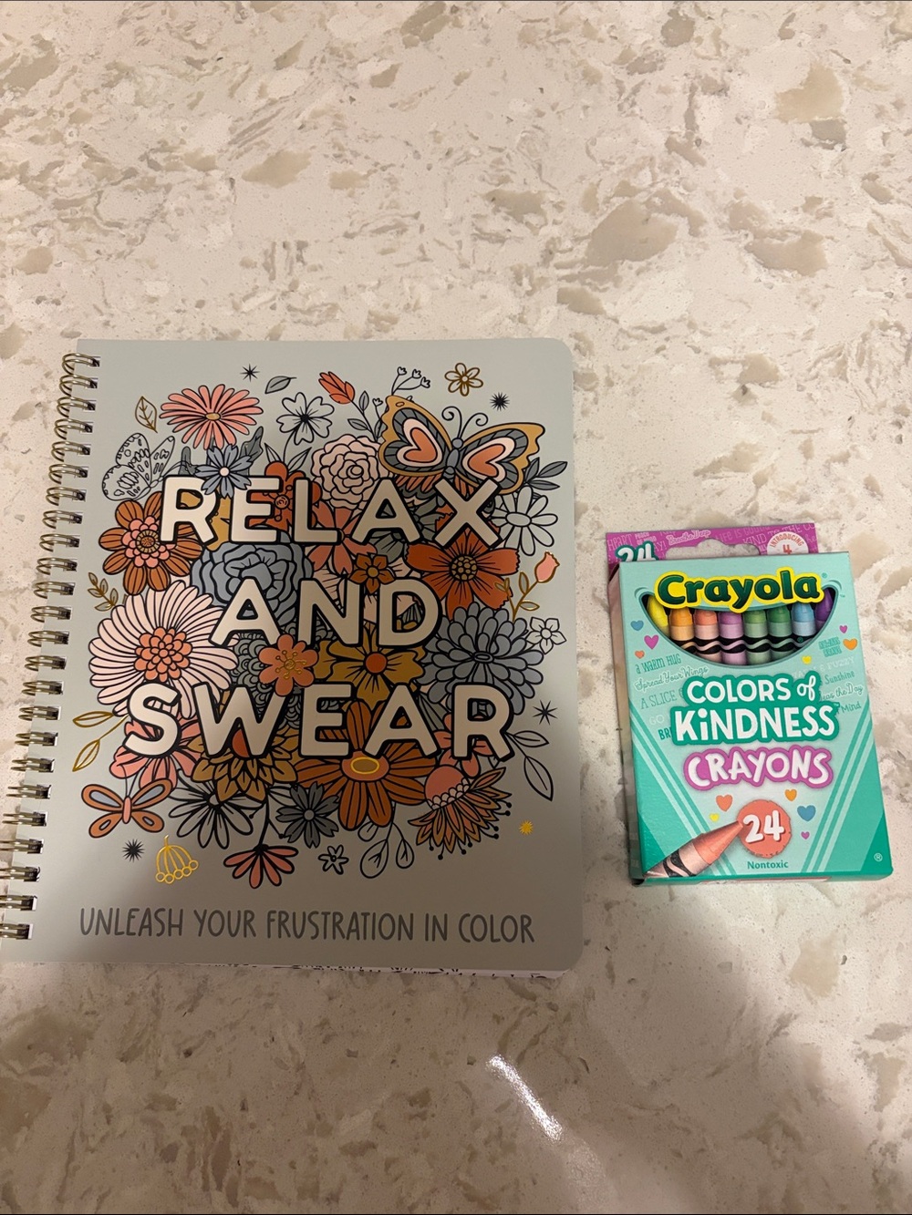 Relax and Swear Floral Adult Coloring Book  with crayons